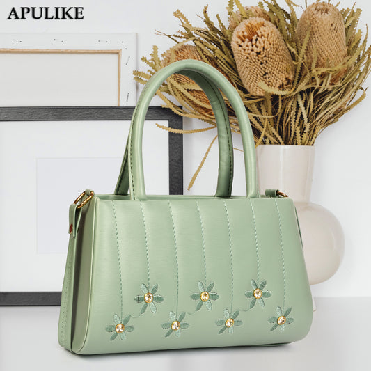 Bottle Green Handbag with Floral Embroidery, Gemstone Accents, and Adjustable Strap for Women