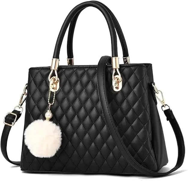 Elegant Black Quilted Handbag with Pom-Pom Charm – Women's Classic Shoulder Bag with Detachable Strap