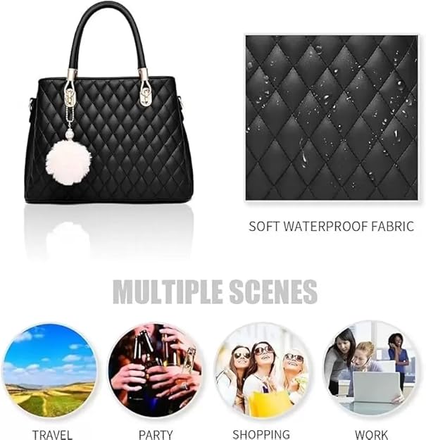 Elegant Black Quilted Handbag with Pom-Pom Charm – Women's Classic Shoulder Bag with Detachable Strap