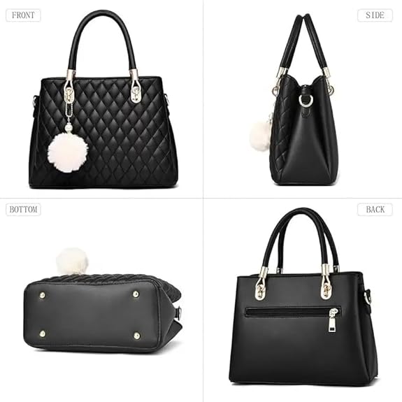 Elegant Black Quilted Handbag with Pom-Pom Charm – Women's Classic Shoulder Bag with Detachable Strap