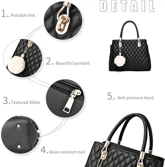 Elegant Black Quilted Handbag with Pom-Pom Charm – Women's Classic Shoulder Bag with Detachable Strap