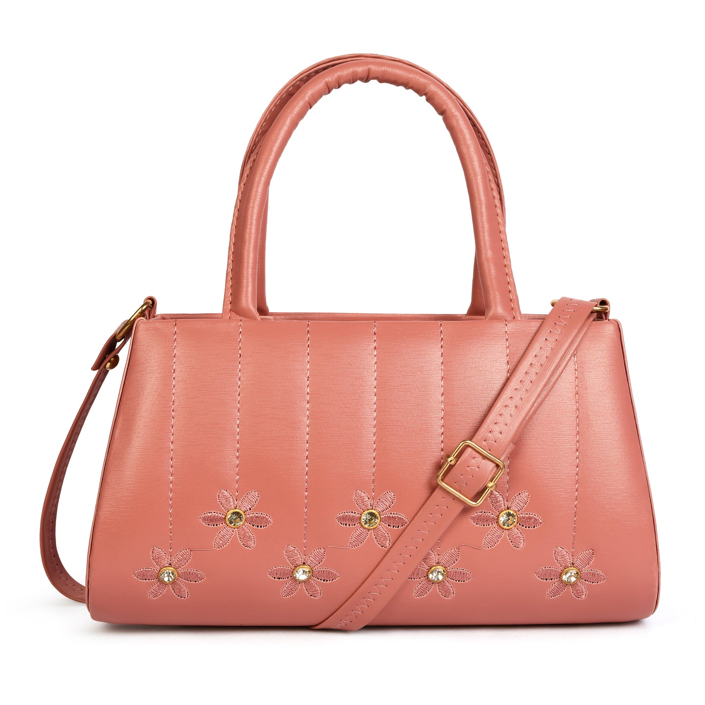 Pink Handbag with Floral Embroidery, Gemstone Accents, and Adjustable Strap for Women