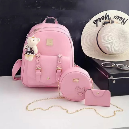 3-in-1 Pink Backpack, Crossbody Bag, and Wallet Set - Cute and Stylish Bags for Women & Girls