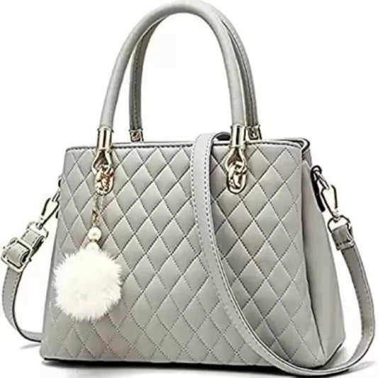 Elegant Quilted Grey Handbag with Pom-Pom Charm – Women's Luxury Shoulder Bag with Detachable Strap