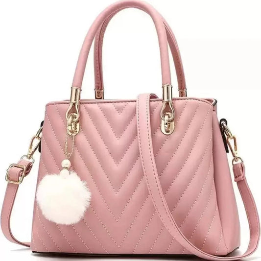 Chic Pink Quilted Handbag – Women's Trendy Shoulder Bag with Pompom Charm and Gold Accents